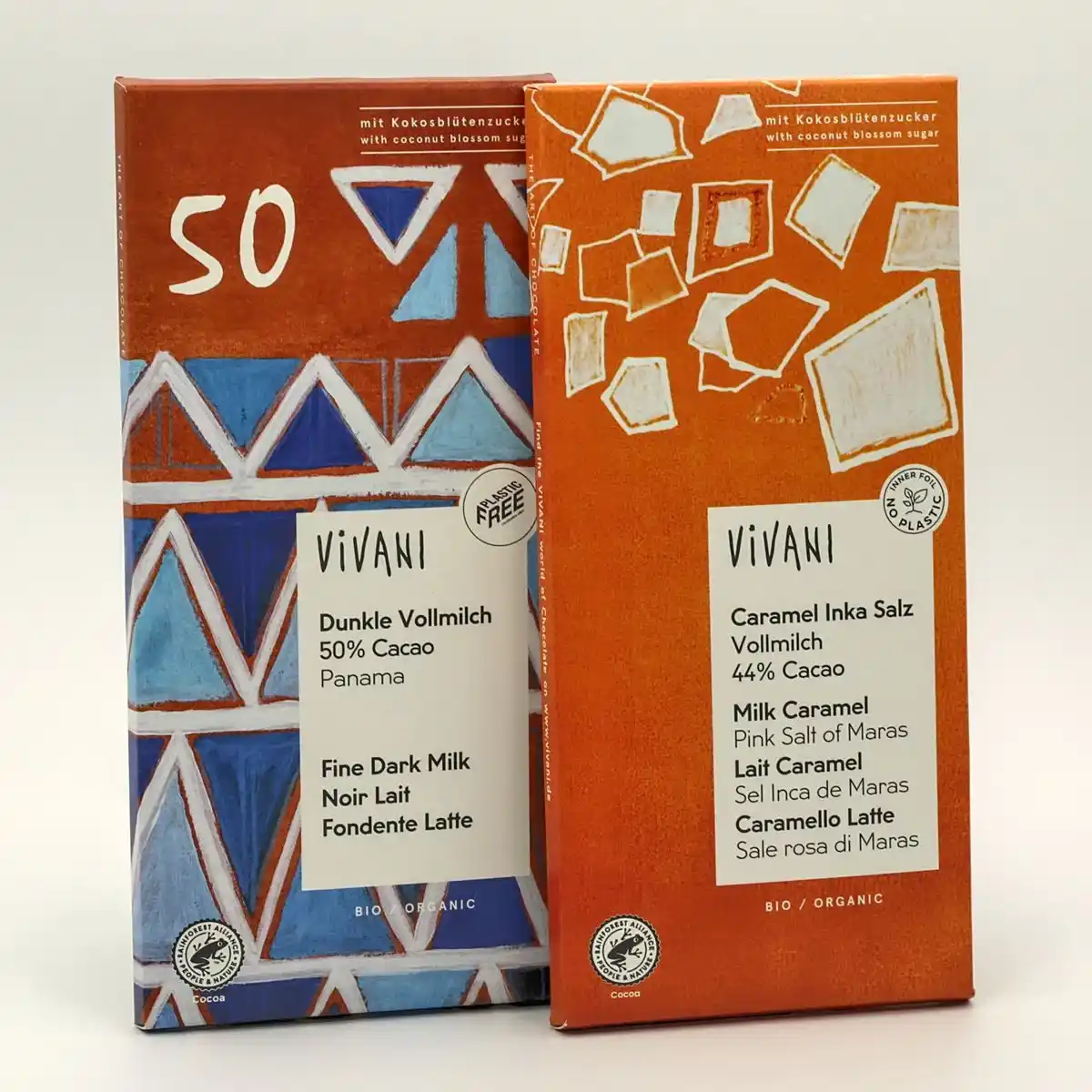 Dunkle 50% Vollmilchschokolade & Vollmilch mit Karamell+Inkasalz 2er Pack